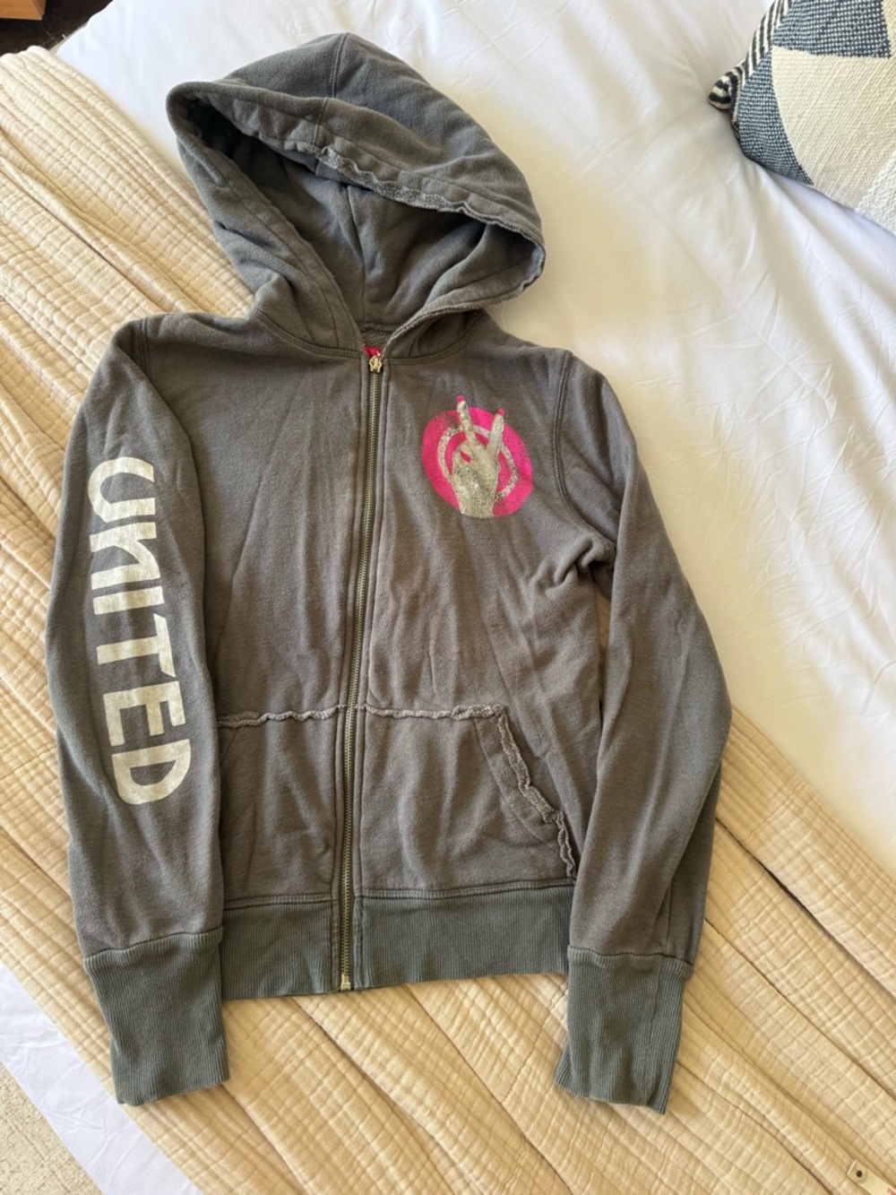 Born Famous Couture Grey Full Zip Hoodie with Pink Accent - Size M